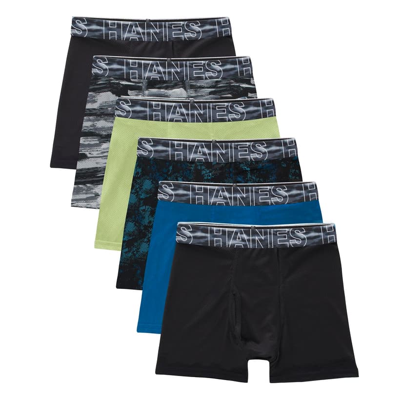 Hanes Boys' Moves Performance Underwear Boxer Brief, 6-pack, All Over Mesh Moisture Wicking Boxer Briefs