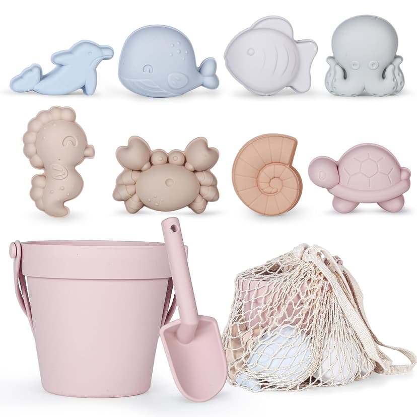 MarcZero 11Pcs Silicone Beach Toys,Modern Baby Beach Toys,Travel Friendly Beach Set,Silicone Bucket, Shovel, 8 Sand Molds, Beach Bag,Silicone Sand Toys for Toddlers, Kids (Pink)