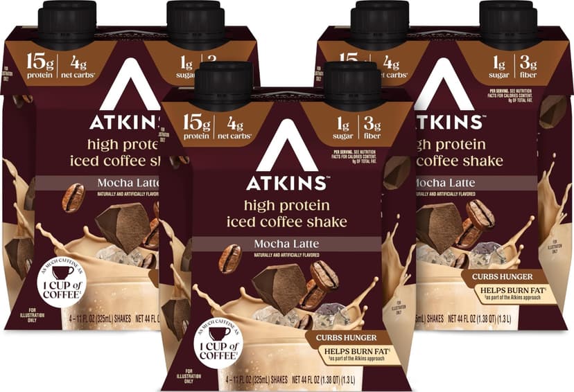 Atkins Mocha Latte Iced Coffee Flavored High Protein Shake, 12 Count | 15g Protein, 4g Net Carbs, 1g Sugar, 3g Fiber, Contains Caffeine, Ready to Drink, 11fl oz, 3 Pack of 4 Count Shakes