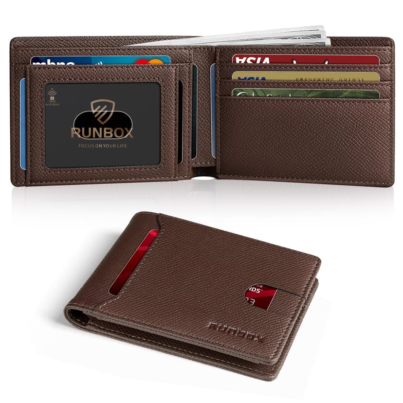 RUNBOX Wallet for Men Slim 11 Credit Card Holder Slots Leather RFID Blocking Small Thin Men's Wallet Bifold Minimalist Front Pocket Large Capacity Gift Box