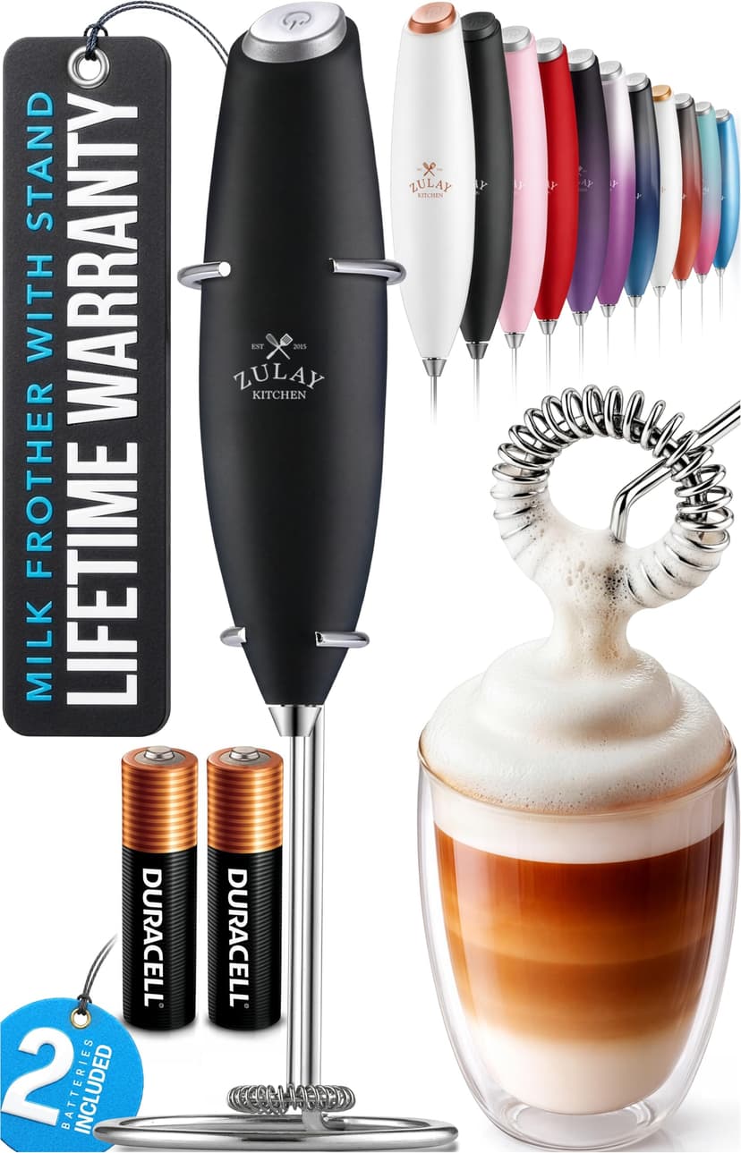 Zulay Kitchen Powerful Milk Frother Wand With Duracell Batteries - Ultra Fast Handheld Drink Mixer - Electric Whisk Foam Maker for Coffee, Lattes, Cappuccino & Matcha - Z1 Motor - Black