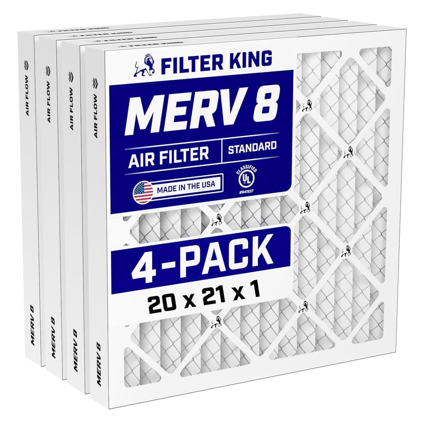 Filter King 20x21x1 Air Filter (MERV 8) (4-Pack) Dust & Allergy Control AC Furnace Filters, MADE IN USA, HVAC, Pleated, Electrostatic (Actual Size: 20 x 21 x .75)