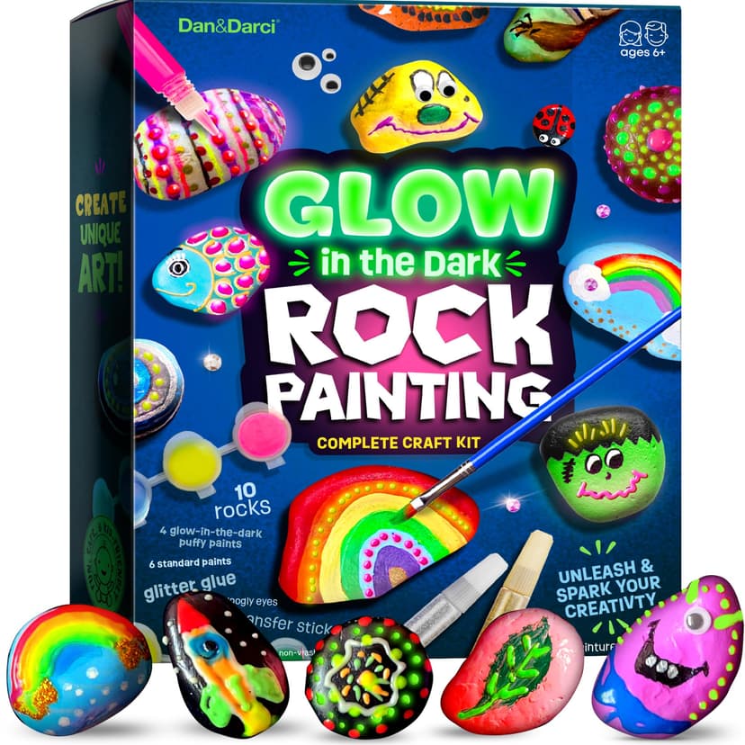 Dan&Darci Kids Rock Painting Kit - Glow in The Dark - Gifts Arts & Crafts for Boys and Girls Ages 6-12 - Craft Activities Kits - Creative Art Toys for 6, 7, 8, 9, 10, 11 & 12 Year Old Kid
