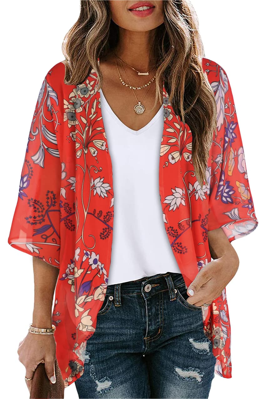 Women's Floral Print Puff Sleeve Kimono Cardigan Loose Cover Up Casual Blouse Tops 2026