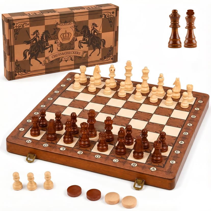 Magnetic Wooden Chess Set and Checkers Board Game for Adults Kids （p | 2 in 1 15" Magnetic Chess & Checkers Foldable Travel Board Game with Extra Queens & Storage Slots for Kids Adults Beginners
