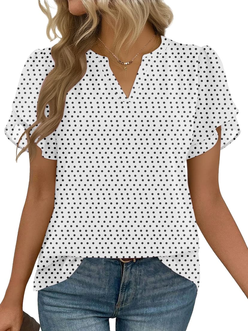 Zeagoo Womens Dressy Casual Chffon Shirts Short Sleeve V Neck Work Blouse | Flowy Business Casual Tops, Petal Sleeves, Double Layer, Office, Teacher, Interview Outfits for Spring, Summer