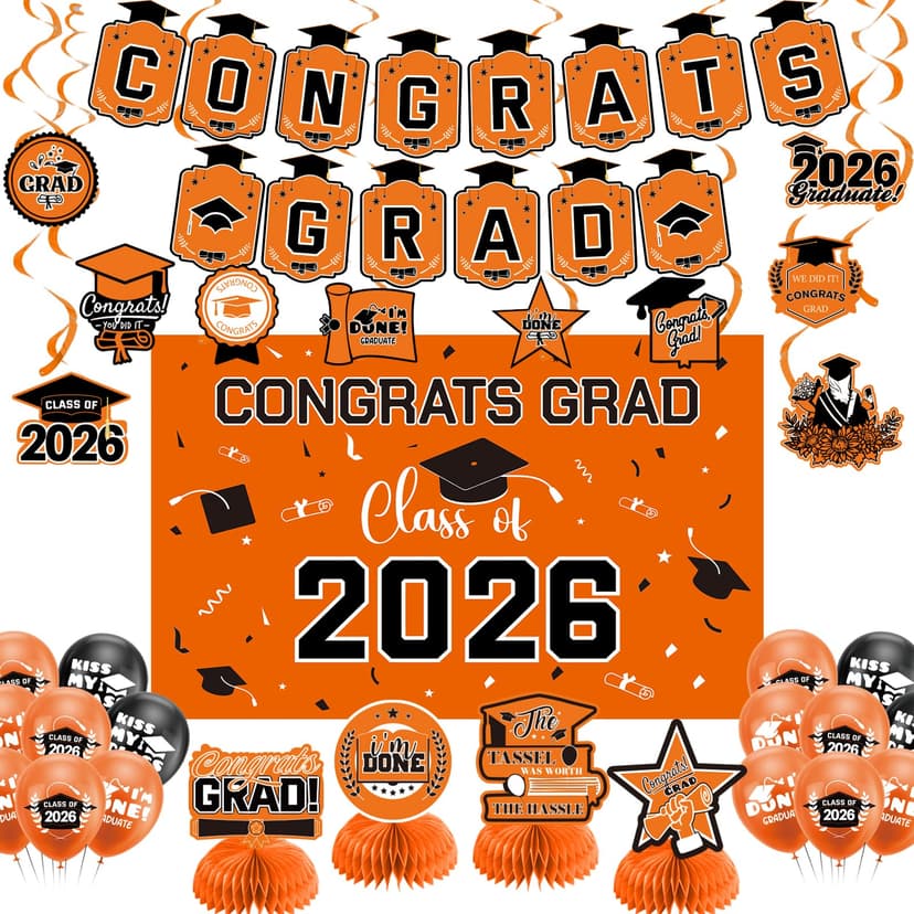 Graduation Decorations 2026 Orange Themed Set - Congrats Grad Banner, Class of 2026 Backdrop, Balloons & Streamers Kit - Complete Party Supplies for High School & College Celebrations