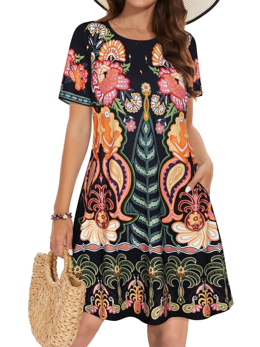 Summer Dresses for Women Casual Tshirt Short Sleeve Floral Sundress Beach Cover Ups with Pockets 2026