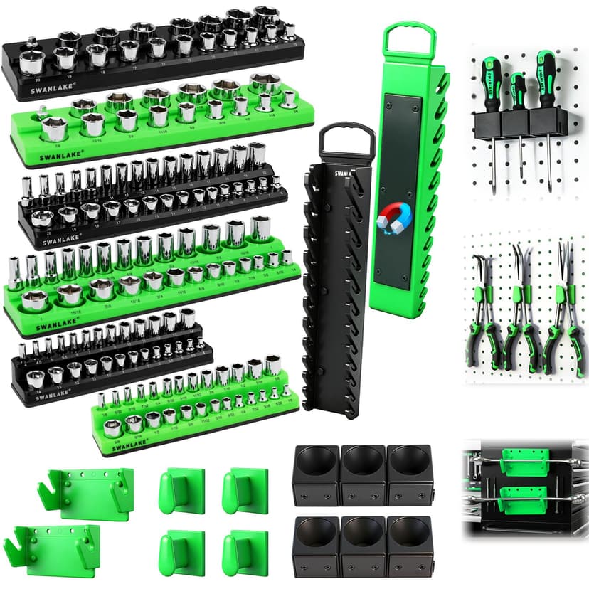 20-Piece Magnetic Tool Organizer Set, 1/4", 3/8", 1/2" SAE & Metric Socket Organizers, 2 Large Wrench Holders, 24-Slot Wrench Rails, Plier and Screwdriver Wall Mount Storage