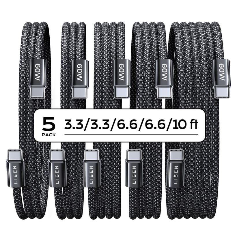 LISEN USB C to USB C Cable, 5-Pack [3.3/3.3/6.6/6.6/10FT] for iPhone 17 Charger Cord, 60W C to C Cable Fast Charging for iPad, iPhone 16 15 Pro Max, Galaxy S25/S24 USBC to USBC Cable Gifts for Men