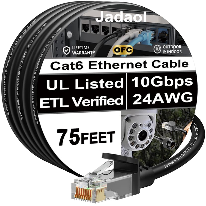 Jadaol [UL Listed] Snagless Cat6 Ethernet Cable 75 ft 10Gbps, PoE++, Black | Outdoor&Indoor, 550MHz, 24AWG Pure Copper, Gold-Plated, Cat 6 RJ45 Network LAN Patch Cable for Router, Modem, Switch, Gamin