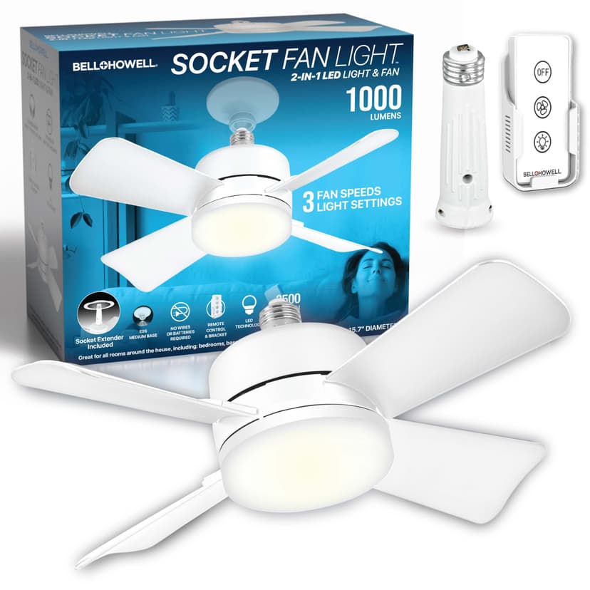 Bell+Howell Socket Breeze 15.4" Socket Fan Light, 5-Speed Deluxe Model – Portable Low Profile Ceiling Fans with Lights and Remote Control – For Bedroom, Kitchen, Living Room