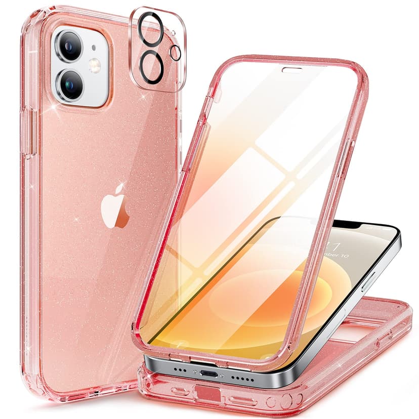 Miracase Glass Series for iPhone 12/12 Pro Case 6.1 inch, Upgraded Full-Body Rugged Phone Bumper Case Cover with Built-in 9H Tempered Glass Screen Protector and Camera Protector, Glitter Rose