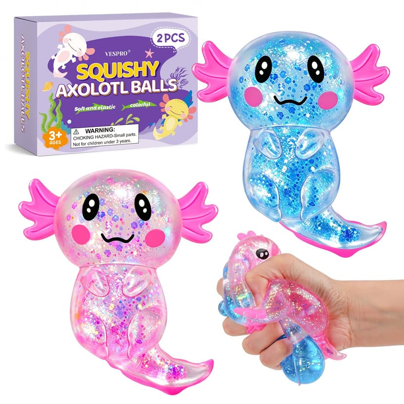 VESPRO 2 Pack Glitter Axolotl Squishy Stress Toys | Cute Soft Axolotl Fidget Squeeze Toys for Kids Adults, Portable Pocket Sensory Toys Birthday Gifts Party Favors