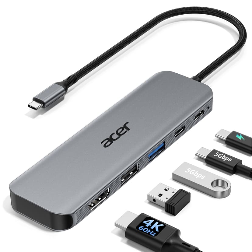 Acer USB C Hub, 5-in-1 USBC to HDMI Adapter with 4K@60Hz, 100W Power Delivery, USB-C 5Gbps & USB-A 3.0 Data Ports, USBC Splitter Docking Station for MacBook Neo/Pro/Air, iPad Pro, iPhone 17 Pro Max