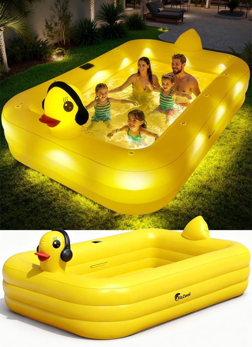 FizZeal Inflatable Pool with Lights,Solar Duck Inflatable Swimming Pool for Kid,Blow Up Pool for Adults,Large Inflatable Kiddie Pool,Durable Thickened Family Inflatable Kid Pool for Backyard 100*63*22