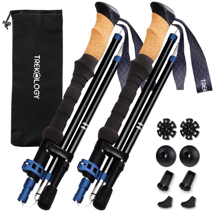 Trekology Trek-Z Cork Grip Collapsible Lightweight Hiking Trekking Poles | Adjustable folding aluminum walking stick for men, women and seniors; foldable, retractable staff for travel and balance