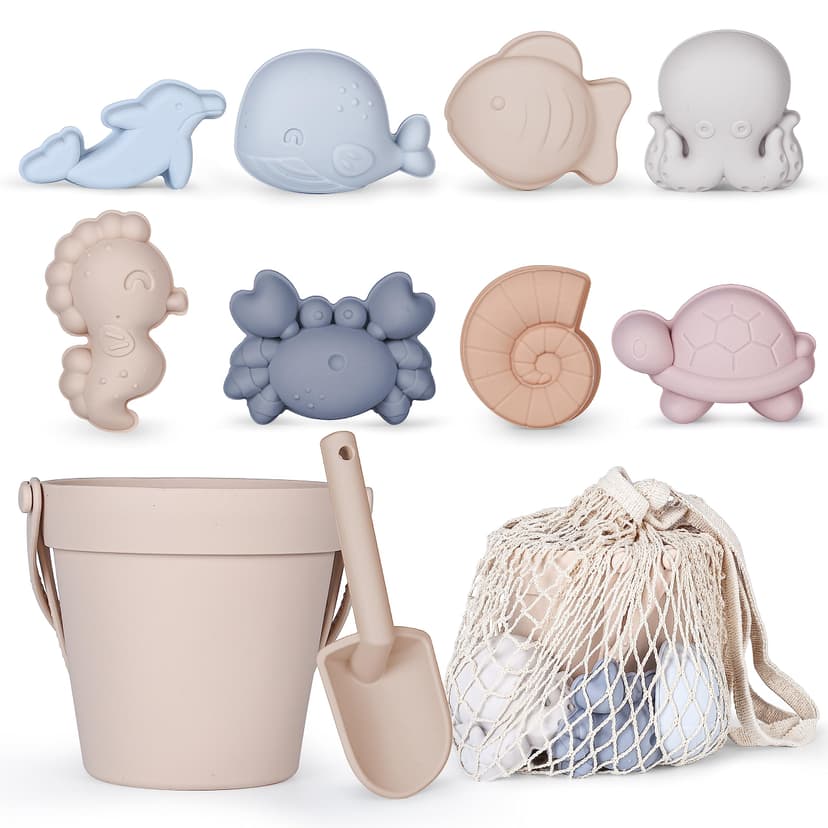 MarcZero 11Pcs Silicone Beach Toys,Modern Baby Beach Toys,Travel Friendly Beach Set,Silicone Bucket, Shovel, 8 Sand Molds, Beach Bag,Silicone Sand Toys for Toddlers, Kids (Begie)