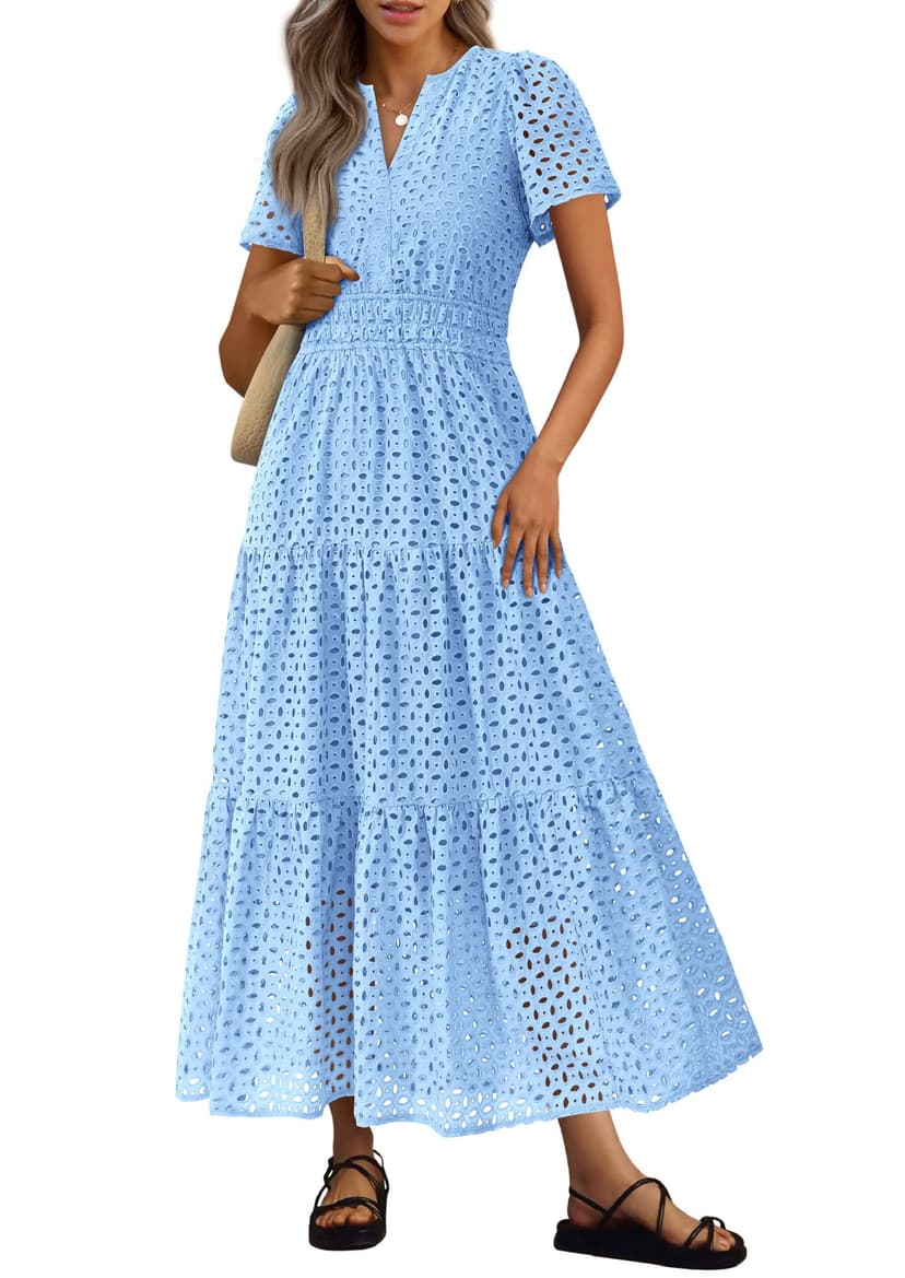 PRETTYGARDEN Womens 2026 Summer Maxi Dress Short Sleeve V Neck Hollow Out Eyelet A Line Long Flowy Beach Vacation Dresses