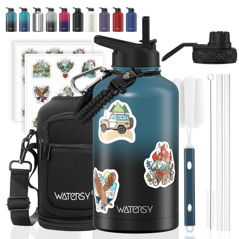 64oz Insulated Water Bottle (Cold for 48 Hrs),BPA Free&Leak Proof,Half Gallon Stainless Steel Water Flask,Water Jug with Straw Spout Lids for Gym,Hiking,Camping,Black Blue