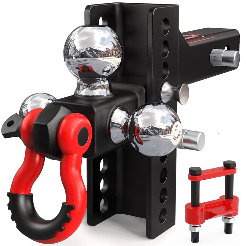 TYT Adjustable 4-in-1 Tri-Ball Hitch Ball Mount for 2-Inch Receiver | 4.5" Drop/Rise, 4-in-1 with 1-7/8", 2", 2-5/16" Balls, Tow Shackle, 10,000 lbs GTW / 1,000 lbs TW, Lock & Tightener