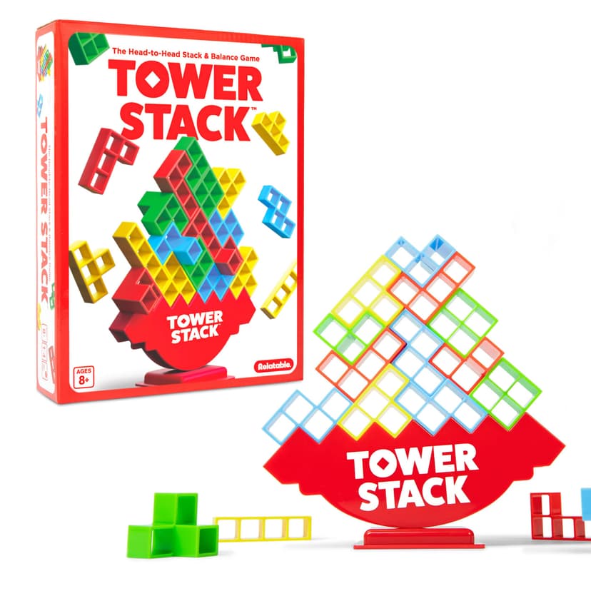 Tower Stack by Relatable - PAL Award 2025 Winner, Exciting Tower Game for Family Game Night, Building Toys for Kids - Includes 44 Cards, 32 Blocks, 1 Tower Body, Stand and Instructions