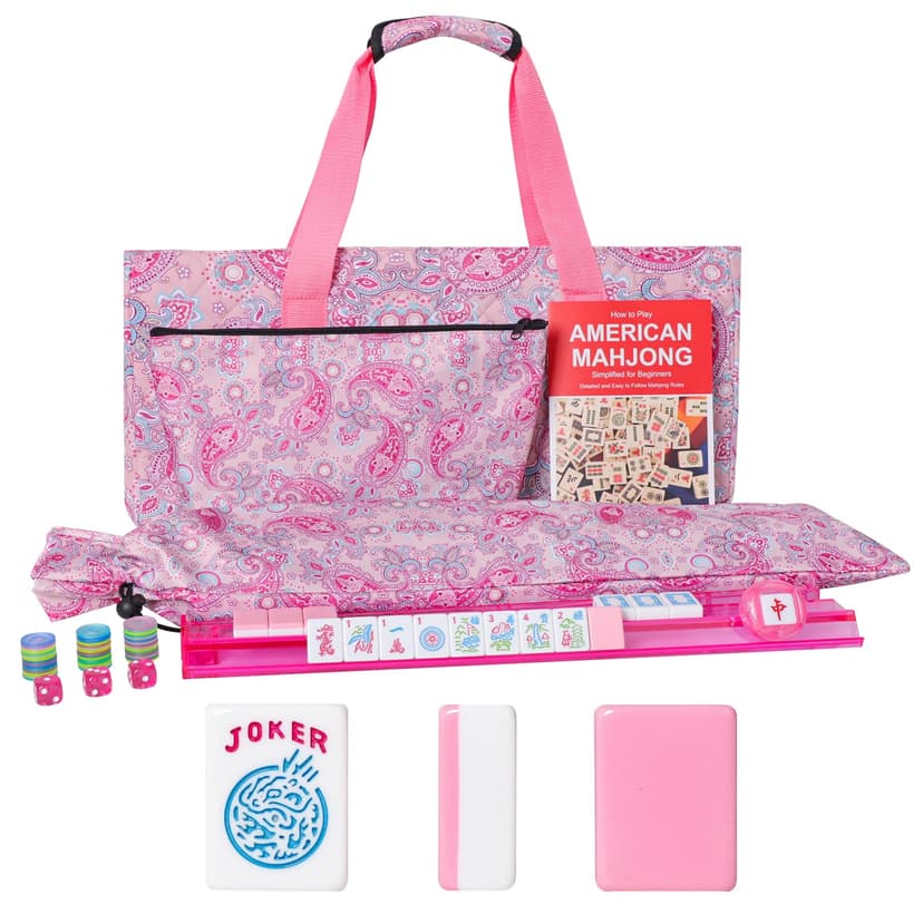 GUSTARIA American Mahjong Game Set, 166 Pink Tiles (1.2”), 4 All-in-One Color Rack/Pushers & Drawstring Bag, Complete Mahjong Sets with Pink Printed Carrying Bag and Mahjong Tile Set Accessories