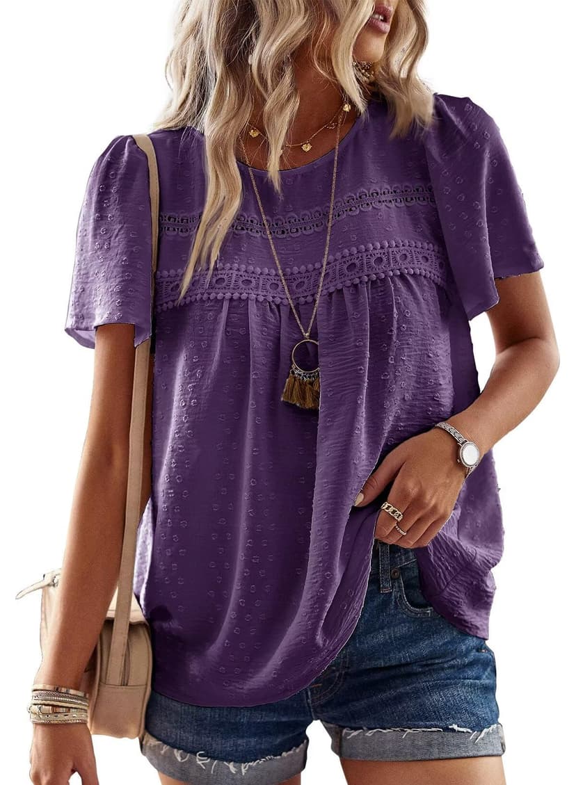 Falechay Womens Summer Tops Crewneck Short Sleeve Shirts Casual Chiffon Blouses Flowy Lace Hem Boho Clothing Trendy 2026