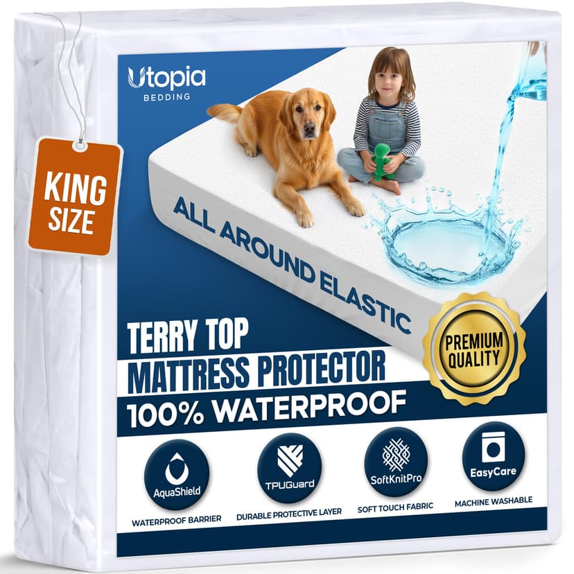 Waterproof King Size Mattress Protector fits Upto 17" deep Mattresses | Utopia Bedding 200 GSM Soft & Breathable Mattress Cover, Dirt-Proof, Noiseless, Machine Washable Fitted Sheet Style, White