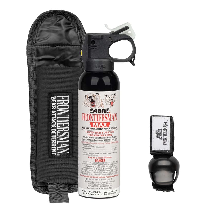 SABRE Frontiersman MAX Bear Spray Kit – 7.9 oz Bear & Mountain Lion Deterrent, Belt Holster, Bell, 40 ft Range, 2% Capsaicinoids, Glow Safety, Eco-Friendly, Hiking, Camping