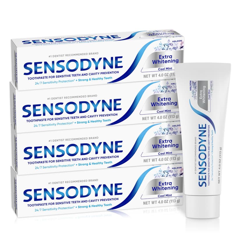 Sensodyne Extra Whitening Sensitive Teeth and Cavity Prevention Whitening Toothpaste, Amazon Exclusive, Cool Mint, Amazon Exclusive- 4 Ounces (Pack of 4)