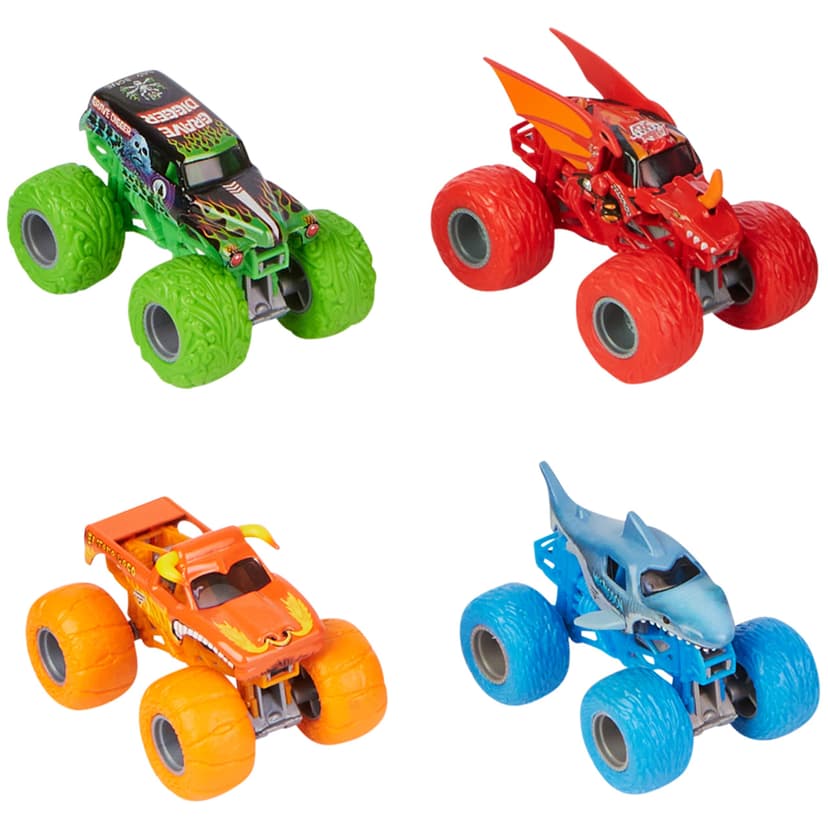 Monster Jam, Tough Treads Set, Official El Toro Loco, Megalodon, Grave Digger, and Bakugan Dragonoid Die-Cast Monster Trucks, 1:64 Scale, Kids Toys for Boys and Girls Ages 3 and up