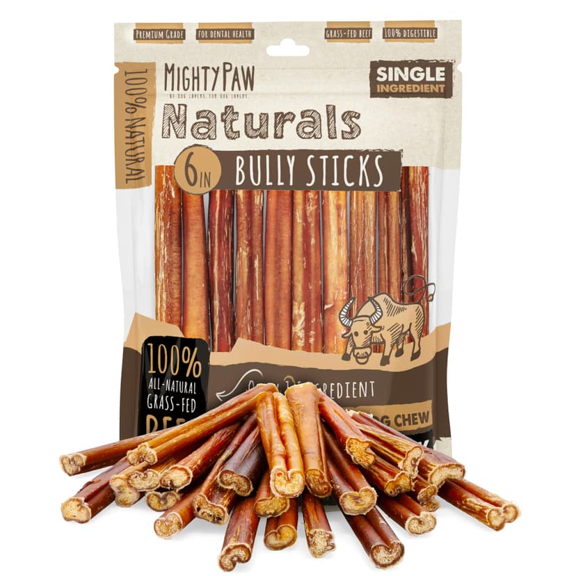 Mighty Paw Naturals Bully Sticks, 6 in, 25 Pack, Grass-Fed Beef Dog Chews | Single Ingredient, Protein-Rich, For Large, Medium & Small Breeds, Fully Digestible, Gluten-Free