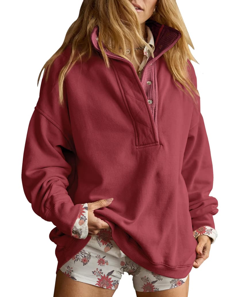 Gacaky Sweatshirt for Women Oversized Henley Neck Pullover Top Fall Outfits | Oversized Silhouette, Quilted Placket Detail, Henley Sweatshirt, Comfort Soft Sweaters, Fall Winter Fashion Outfits Clothe