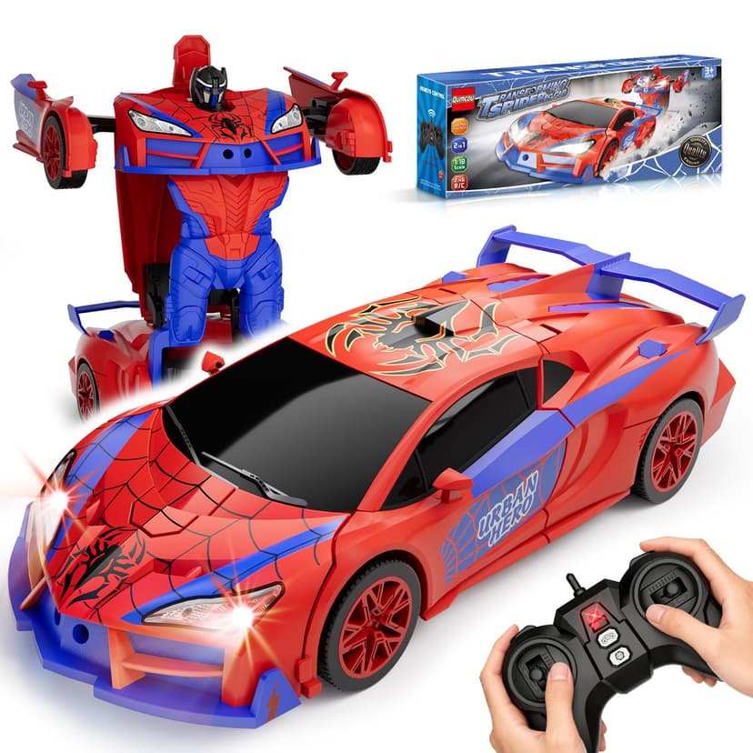 Qumcou Spider-Themed Toys, 1:16 Transforming RC Car, Toy for Boys Aged 3-8 | Easy 2.4GHz Controls, 360° Spins for Indoor Play. Shining Red Blue Light, One-Button Transforming. Fun Birthday Gift for Bo