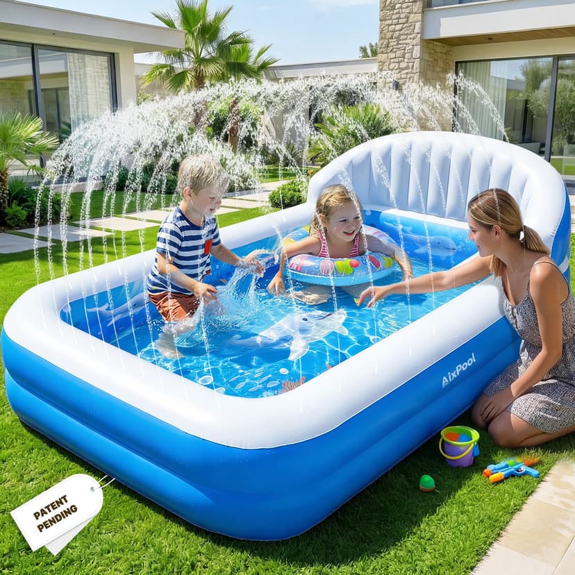 AixPool 2026 Inflatable Pool with Sprinkler,Durable Blow up Pool with Big Backrest, Rectangle Kid Pool Backyard,Children Swimming Pool,Small Inflatable Kiddie Pool,Outdoor Water Pool for Kid71×41×25IN