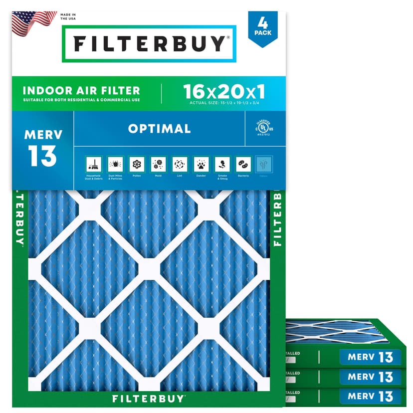 Filterbuy 16x20x1 Air Filter MERV 13 Smoke & Allergy Defense (4-Pack) | Electrostatic Pleated HVAC AC Furnace Filters Replacement, Made in USA (Actual Size: 15.50 x 19.50 x 0.75)