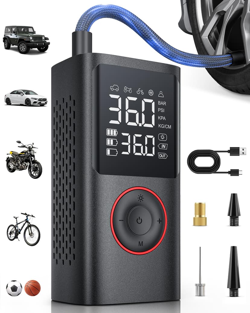 Powools Tire Inflator Portable Air Compressor, 150 PSI Cordless Bike Pump, Air Pump for Auto, Motorcycle, Bicycle, Balls with Pressure Gauge, LED Light & Car Accessories, Black, Standard Capacity