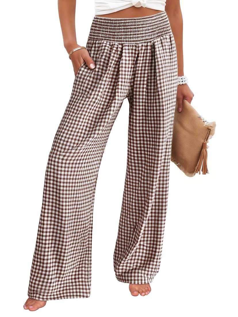 ANRABESS Womens Palazzo Pants, Striped & Gingham, Lounge & Casual, Cute Pajama Pants, Wide Leg, High Waisted, Pockets
