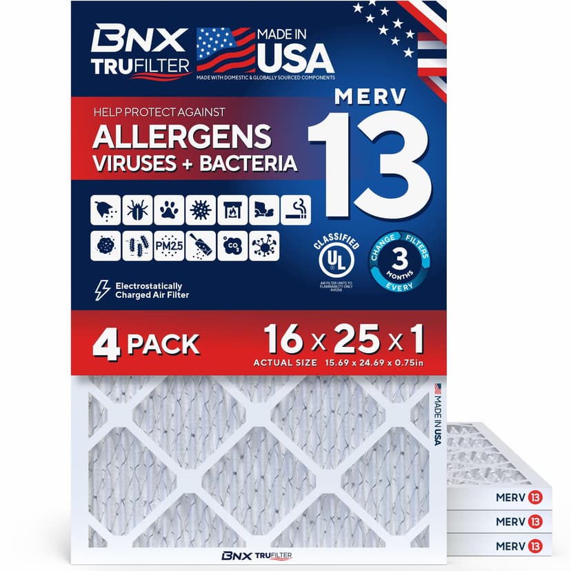 BNX TruFilter 16x25x1 Air Filter MERV 13 AC Filter, HVAC Furnace Filter, 4 Pack (ACTUAL SIZE 15.68"x24.68"x0.75") Allergies, Dust, Pet Dander & Smoke - MADE IN USA - MPR1500 / FPR 10