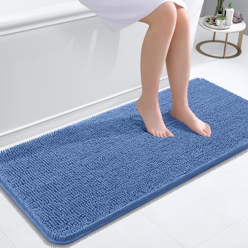 OLANLY Bathroom Runner Rugs 47x20, Soft Absorbent Chenille Bath Rugs, Rubber Backing Quick Dry, Machine Washable Long Bath Mats for Bathroom, Tub and Shower, Home Decor Accessories, Cornflower Blue
