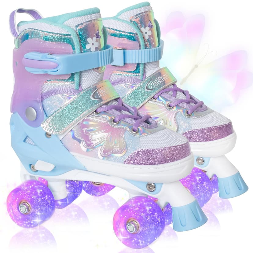 Nattork Kids Roller Skates for Girls Boys Kids, 4 Sizes Adjustable Quad Skates Butterfly and Flower with All Light up Wheels - Birthday Gift for Indoor Outdoor Sports
