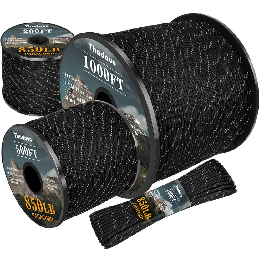 Thadavo Reflective Paracord Rope 850Ib, 50/100/200/500/1000ft 4MM 11 Strand para Cords Lanyard Utility Parachute Cord for Tent Camping Hiking Survival Tactical Clothesline DIY Projects, Black 100FT