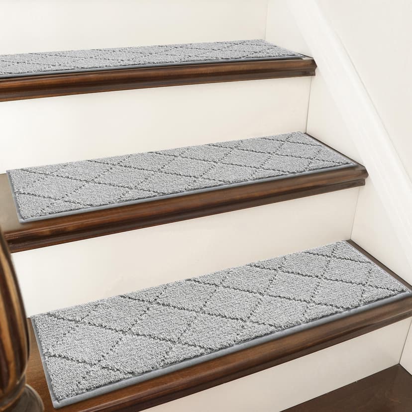 COSY HOMEER Edging Stair Treads Non-Slip Carpet Mat 28inX9in,15pc,Grey | Indoor Stair Runner for Wooden Steps,Washable Adhesive Stairs Rugs for Kid,Elder,Dog,Polyester Carpet Stair Treads,TPE Back