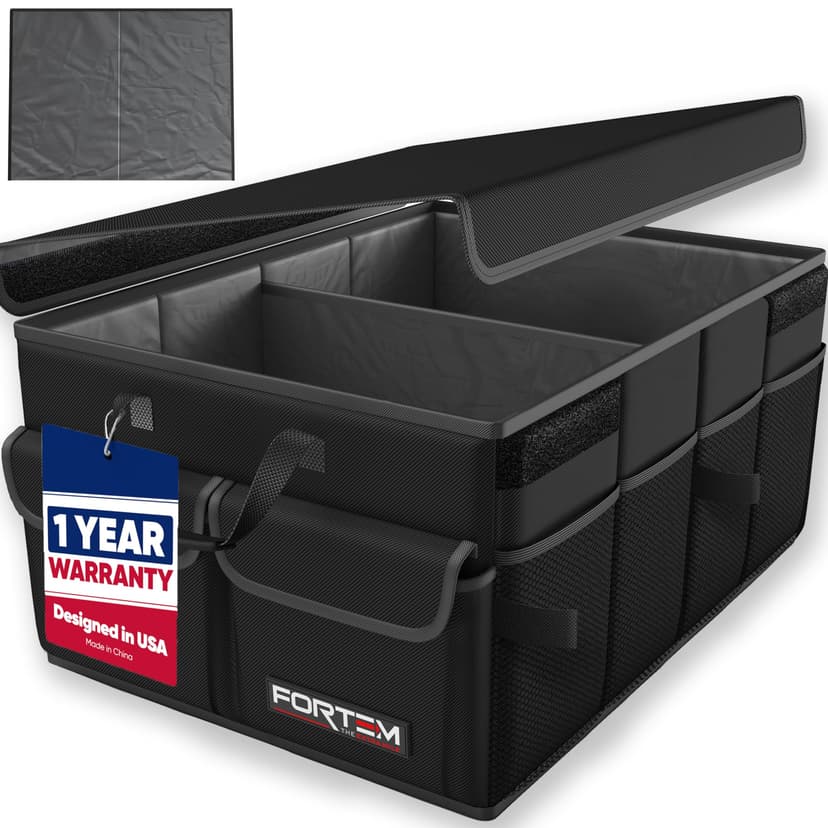 FORTEM Trunk Organizer - Foldable Car Organizer & Storage for SUVs & Trucks | Car Accessories for Men Women, Collapsible Bag, Non Slip Bottom, Straps, Soft Cover, 600D Oxford, Black, 2 Compartments, 4