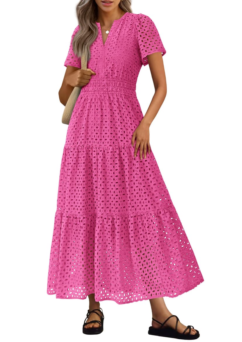 PRETTYGARDEN Womens 2026 Summer Maxi Dress Short Sleeve V Neck Hollow Out Eyelet A Line Long Flowy Beach Vacation Dresses