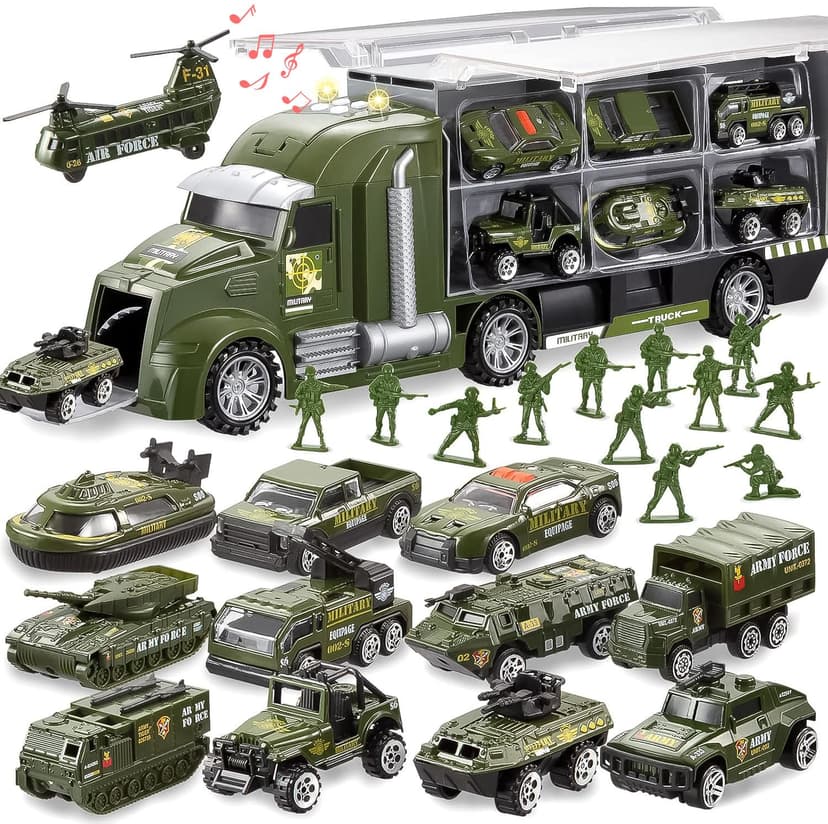 JOYIN 25 in 1 Military Kids Truck Toys for Age 3+, Kids Boy Toys, Army Men Tanks Set with Soldier Men, Mini Battle Cars in Carrier Truck with Lights and Sounds, Gifts for Grandkids