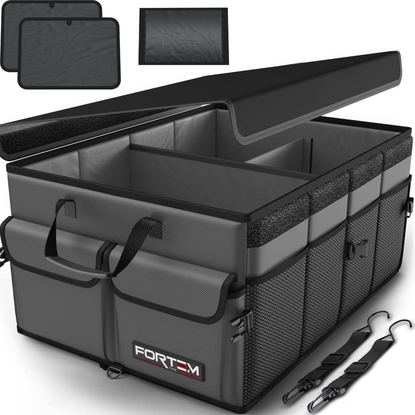 FORTEM Trunk Organizer - Foldable Car Organizer & Storage for SUVs & Trucks | Car Accessories for Men Women, Collapsible Bag, Non Slip Bottom, Straps, Soft Cover, 600D Oxford, Grey, 3 Compartments, 65
