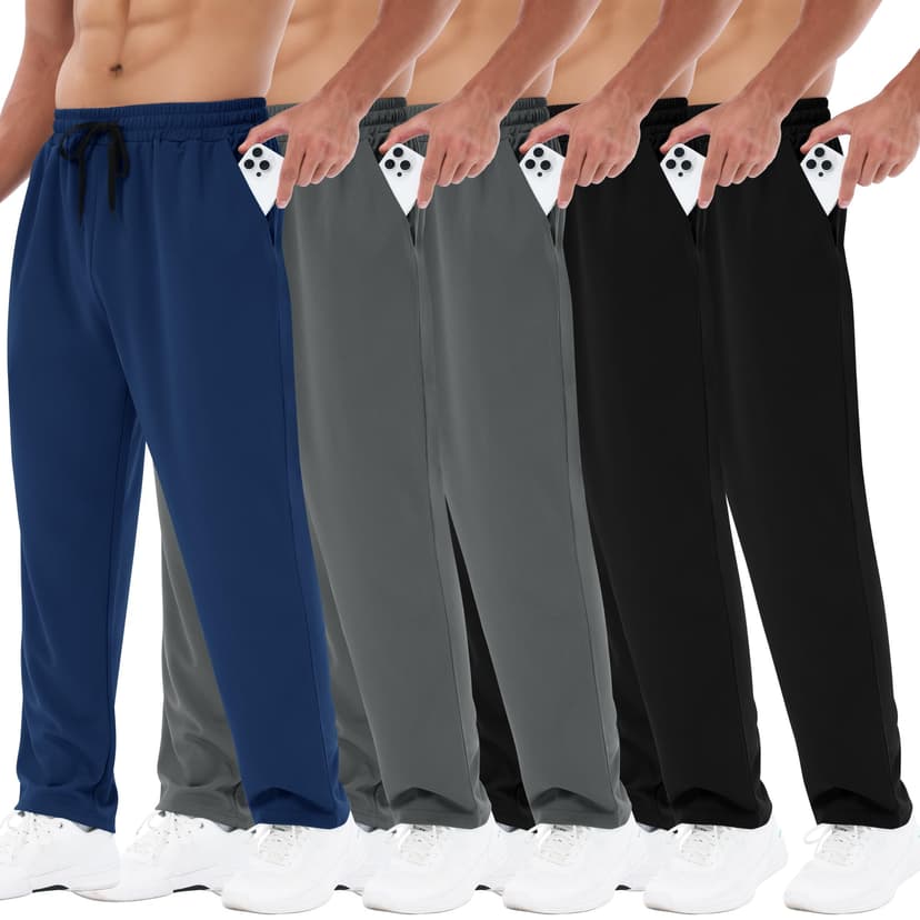 3 Pack Mens Sweatpants with Pockets - Mesh Open Bottom Athletic Joggers | Men Loose Fit Breathable Elastic Waistband Fitness Clothing Track Pants For Gym Workout Running Hiking Casual Activewear