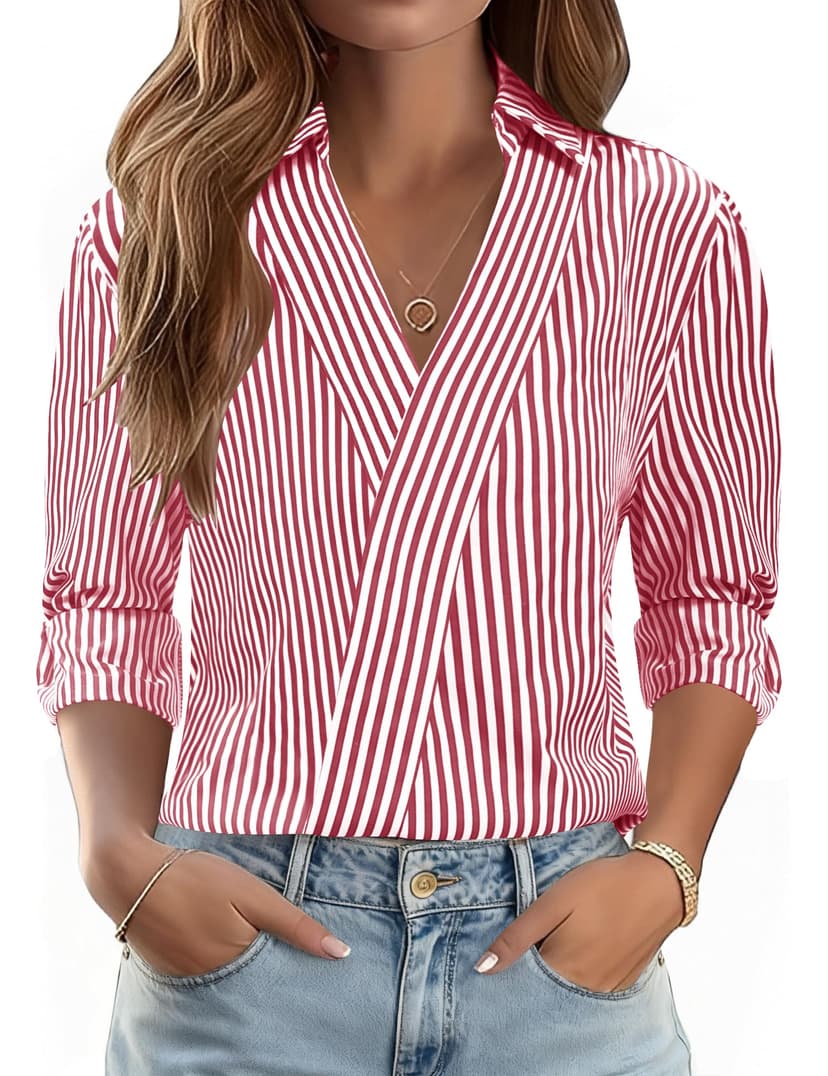 LOMON 3/4 Length Sleeve Womens Tops Dressy V Neck Collared Shirts Trendy Business Casual Work Blouses Vacation Outfits 2026